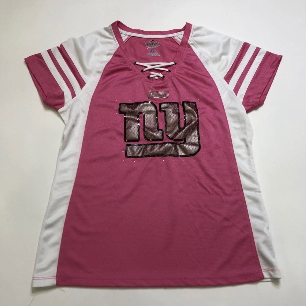 Majestic New York Giants Women’s Pink And White V Neck Jersey Sequined Large